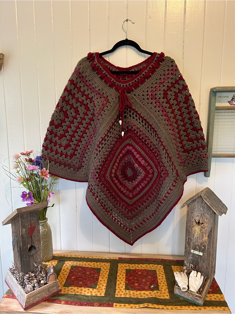 Handmade Crochet Poncho in Brown and Burgundy